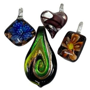 4 Hand Blown Glass Artisan Drop Pendants Jewelry Swirl Floral Heart Shimmer